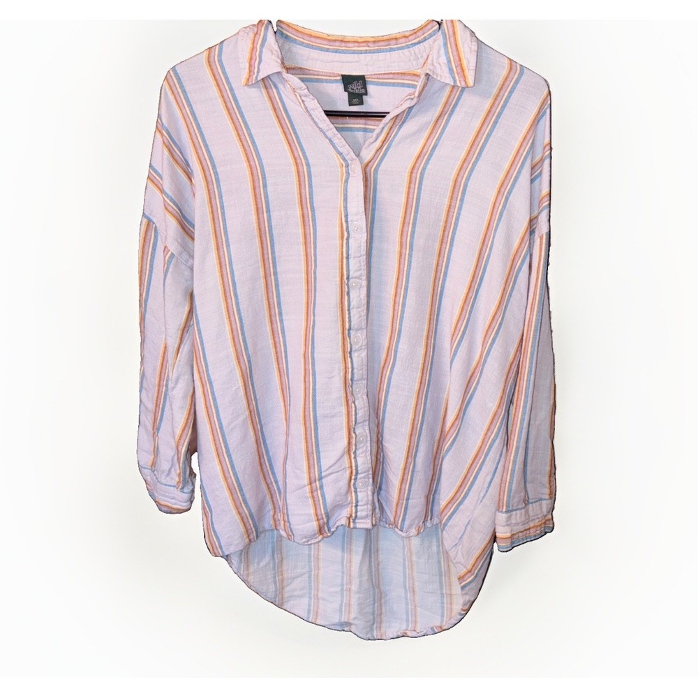 Women's XXS Oversized Coastal Stripe Button Down Bohemian Cotton Blend Shirt